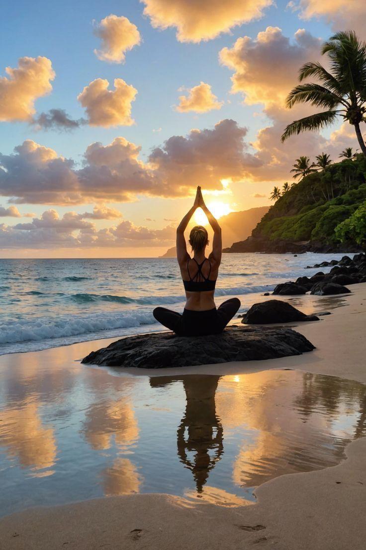 Group doing yoga on a wooden platform overlooking the ocean