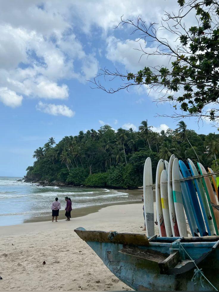 Hiriketiya Beach at sunset with surfers and palm trees